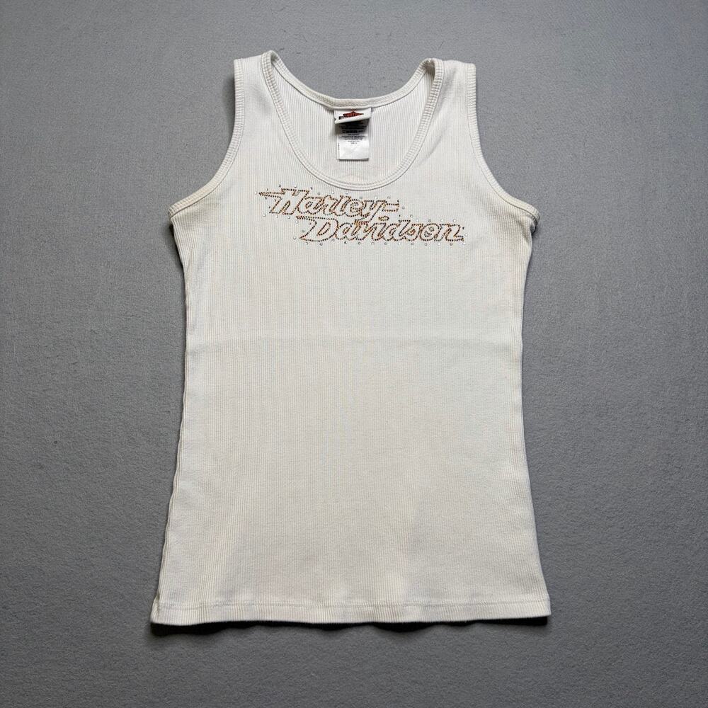 Harley Davidson Women’s XL White Ribbed Tank Top‎ Abilene Texas Rhinestone Y2K